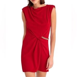 The Kooples Red Sleeveless Draped Mini Dress with Epaulettes and Chain Details S